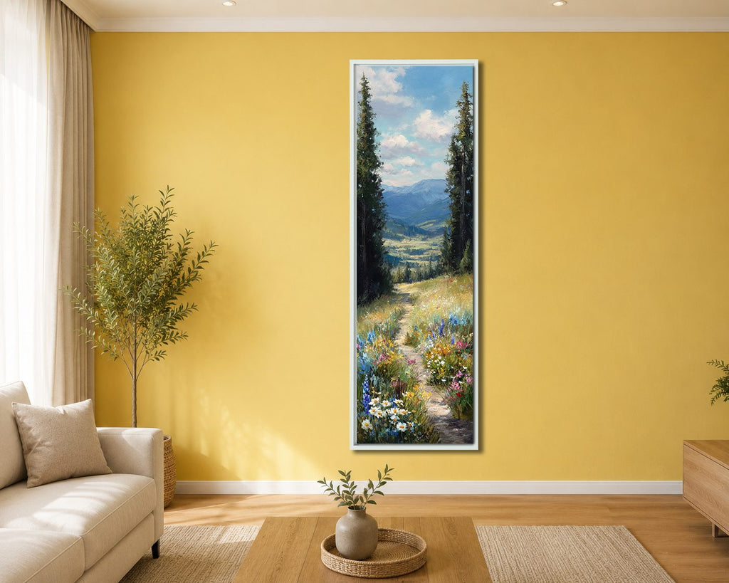 Wildflower Meadow Mountain View canvas wall art, white floating frame