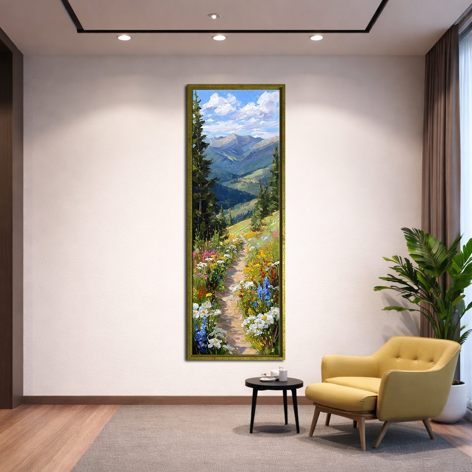 Wildflower Mountain Path canvas wall art, gold floating frame