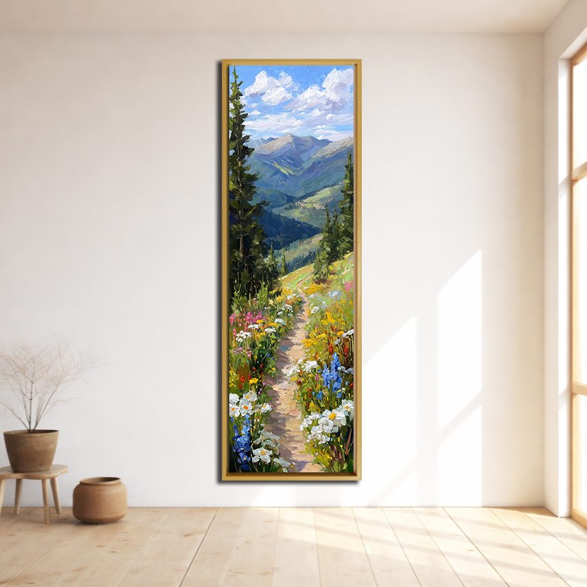Wildflower Mountain Path canvas wall art, natural wood floating frame