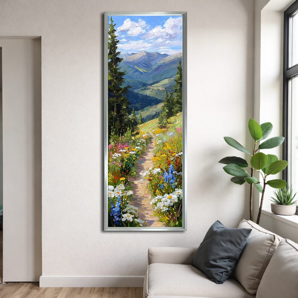 Wildflower Mountain Path canvas wall art, silver floating frame