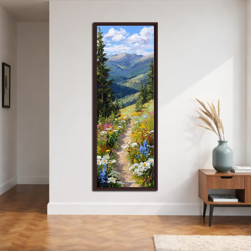 Wildflower Mountain Path canvas wall art, walnut floating frame