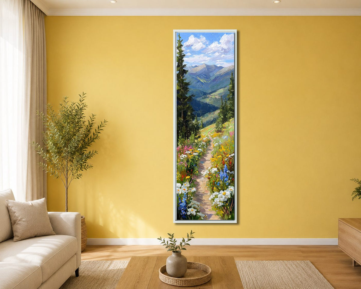 Wildflower Mountain Path canvas wall art, white floating frame