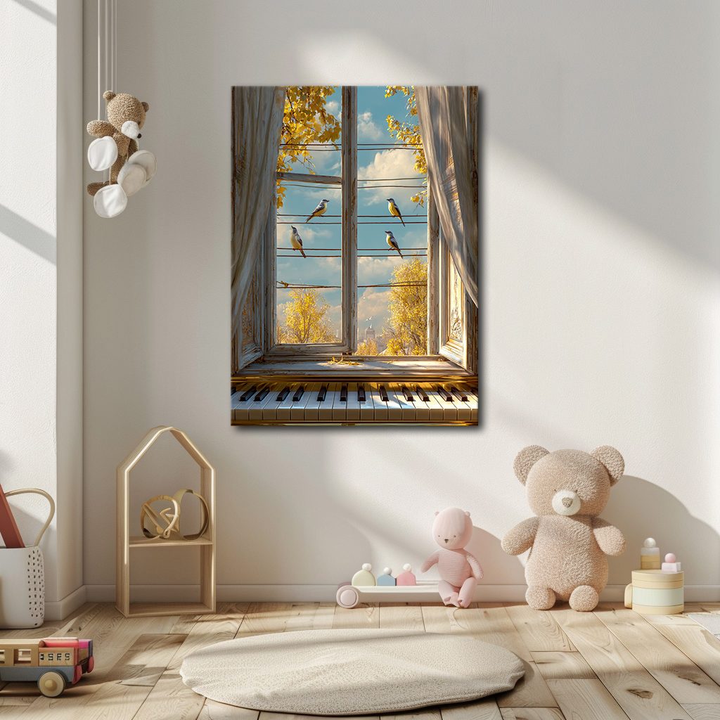 Window View with Piano and Birds canvas wall art, unframed canvas