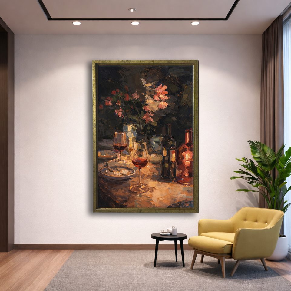 Wine and Candlelit Dinner Still Life canvas wall art, gold floating frame