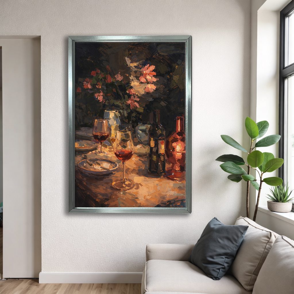Wine and Candlelit Dinner Still Life canvas wall art, silver floating frame