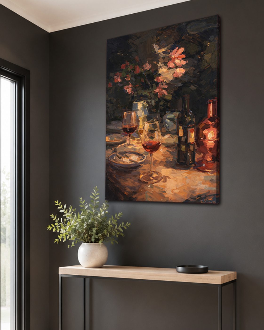 Wine and Candlelit Dinner Still Life canvas wall art, unframed canvas