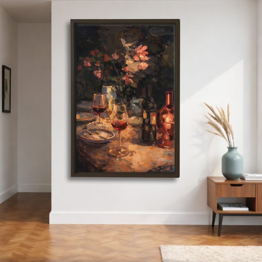 Wine and Candlelit Dinner Still Life canvas wall art, walnut floating frame