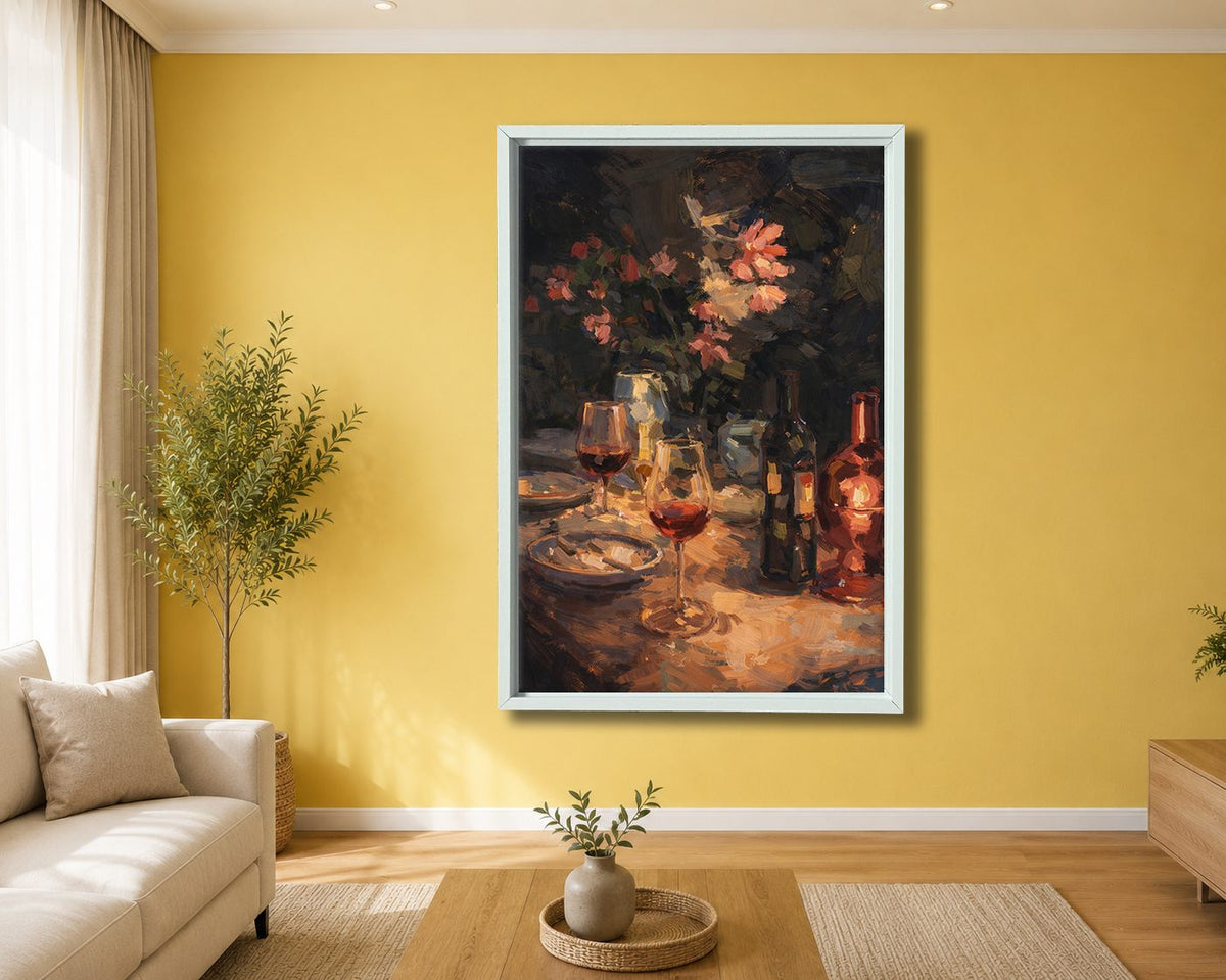 Wine and Candlelit Dinner Still Life canvas wall art, white floating frame
