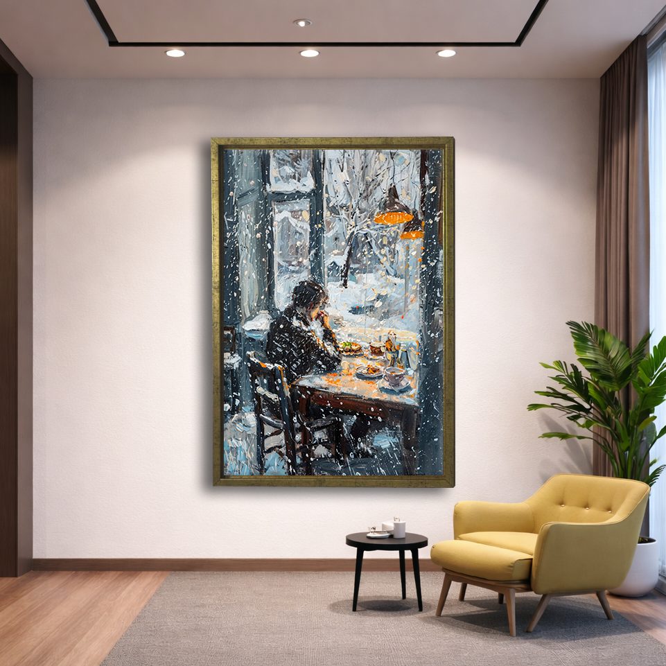 Winter Cafe Window Scene canvas wall art, gold floating frame