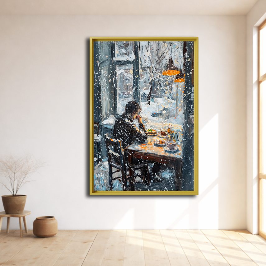 Winter Cafe Window Scene canvas wall art, natural wood floating frame