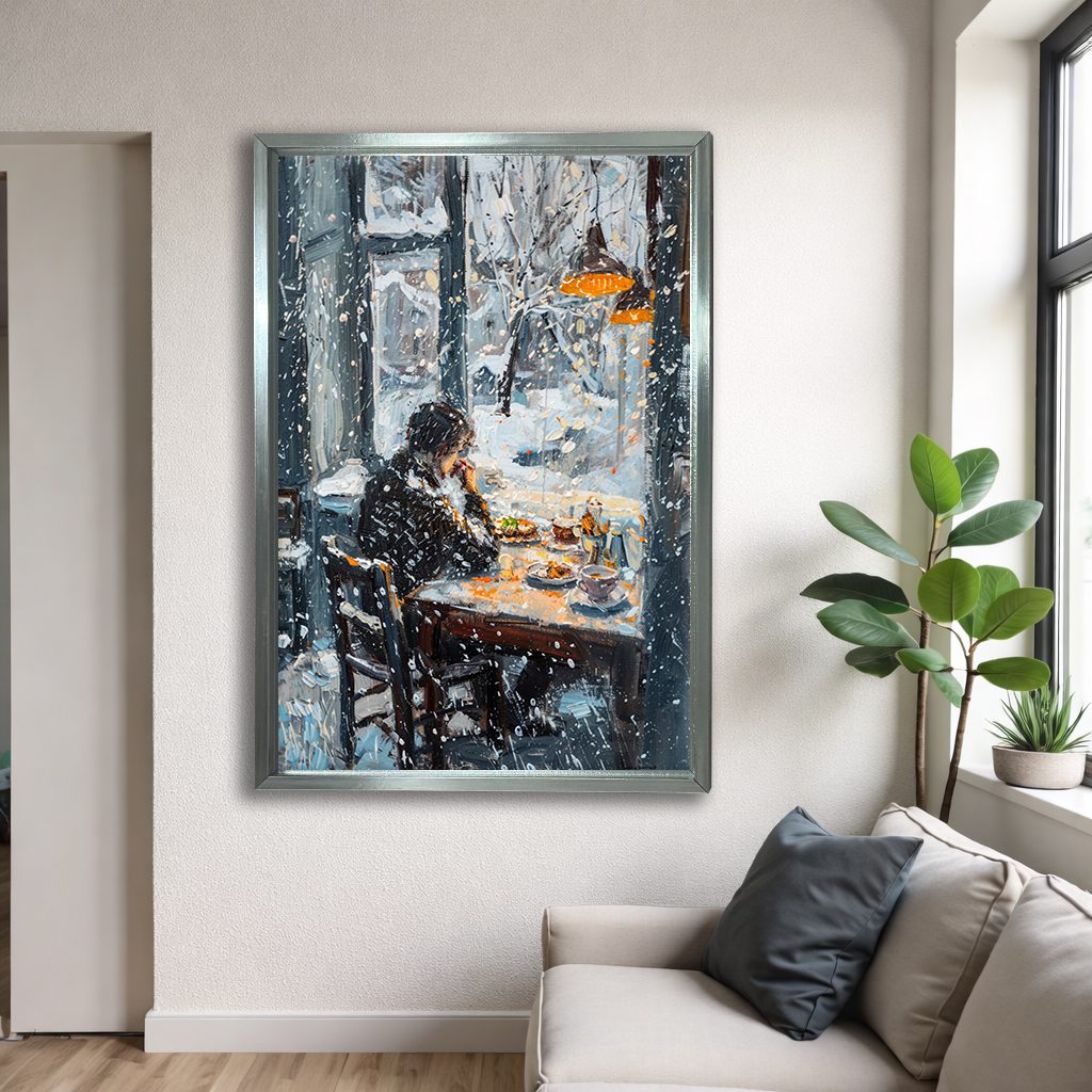 Winter Cafe Window Scene canvas wall art, silver floating frame