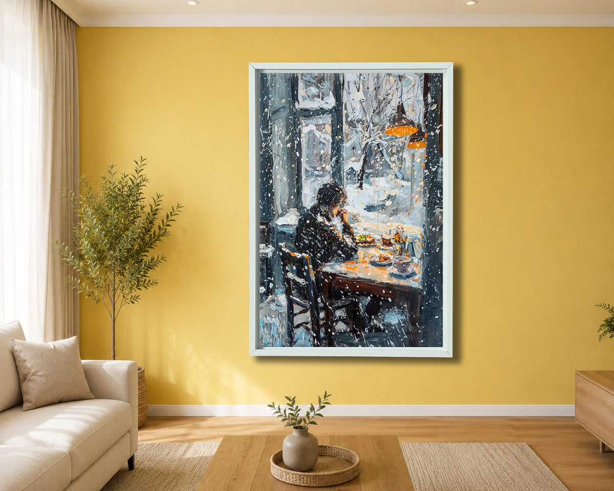 Winter Cafe Window Scene canvas wall art, white floating frame