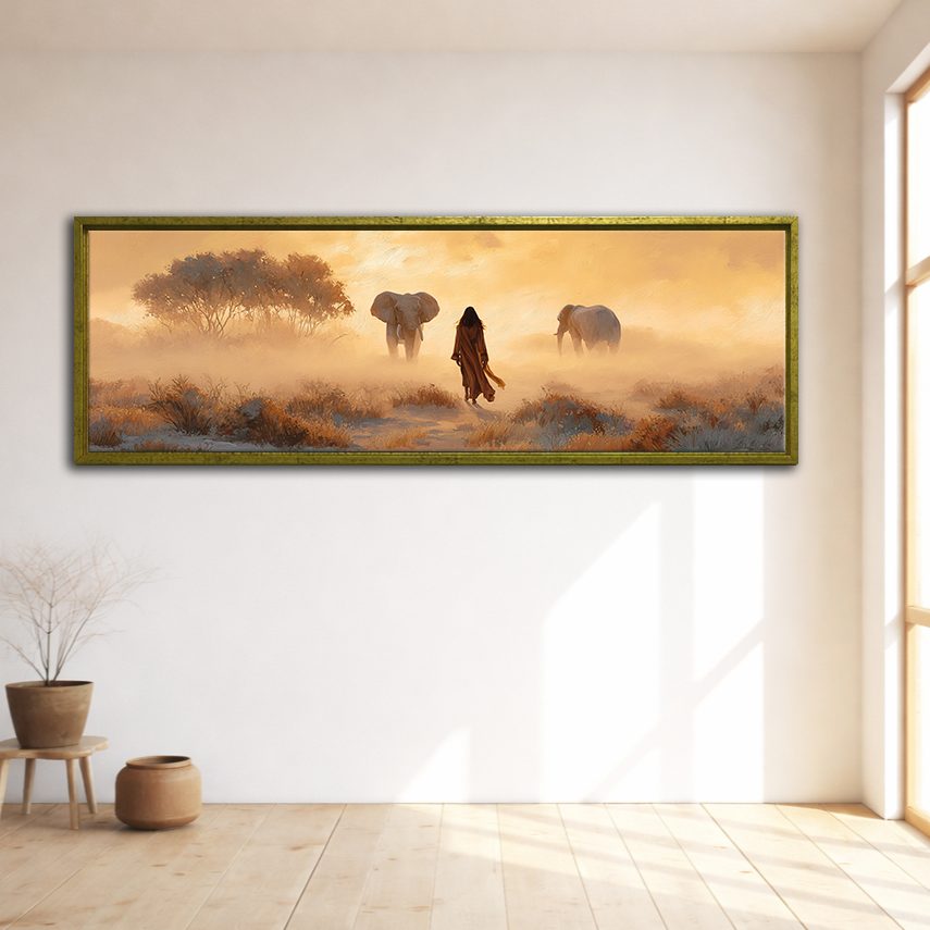 Woman and Elephants in Misty Savanna canvas wall art, gold floating frame