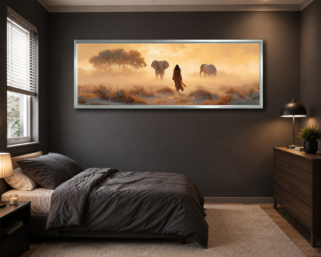 Woman and Elephants in Misty Savanna canvas wall art, silver floating frame