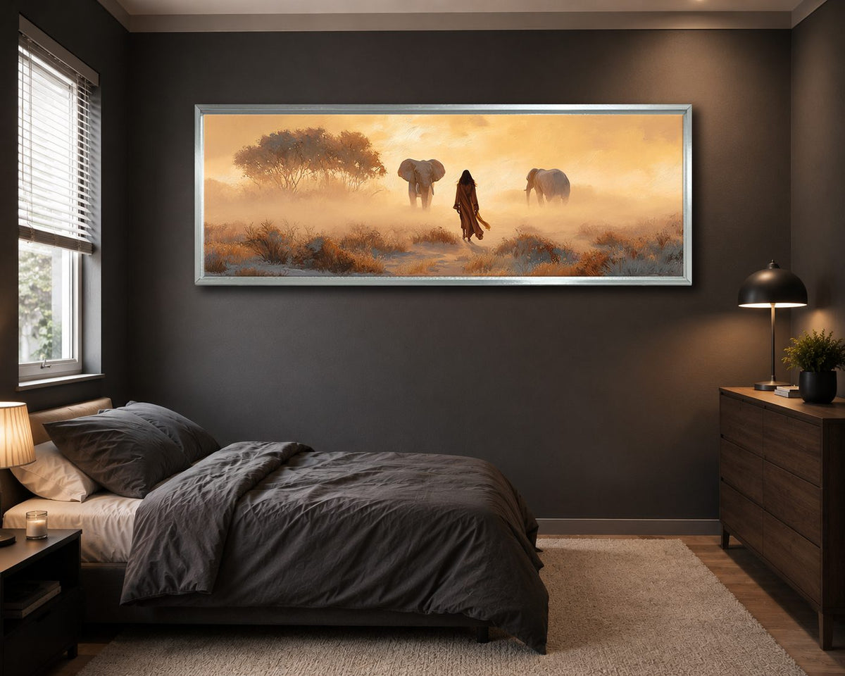 Woman and Elephants in Misty Savanna canvas wall art, silver floating frame