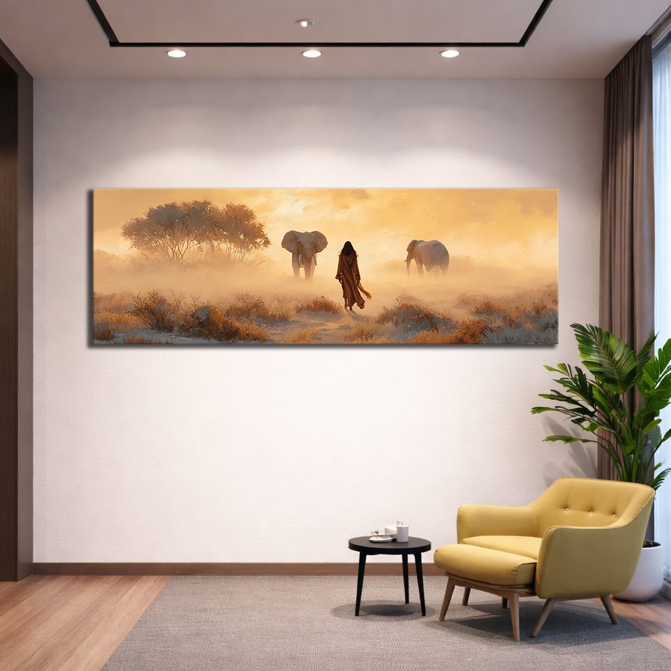Woman and Elephants in Misty Savanna canvas wall art, unframed canvas
