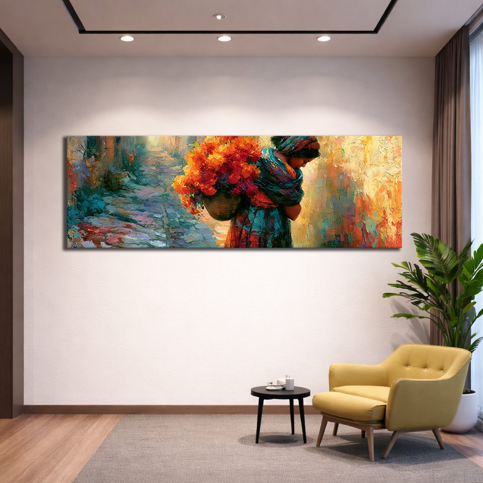 Woman Carrying Flowers Colorful canvas wall art, unframed canvas