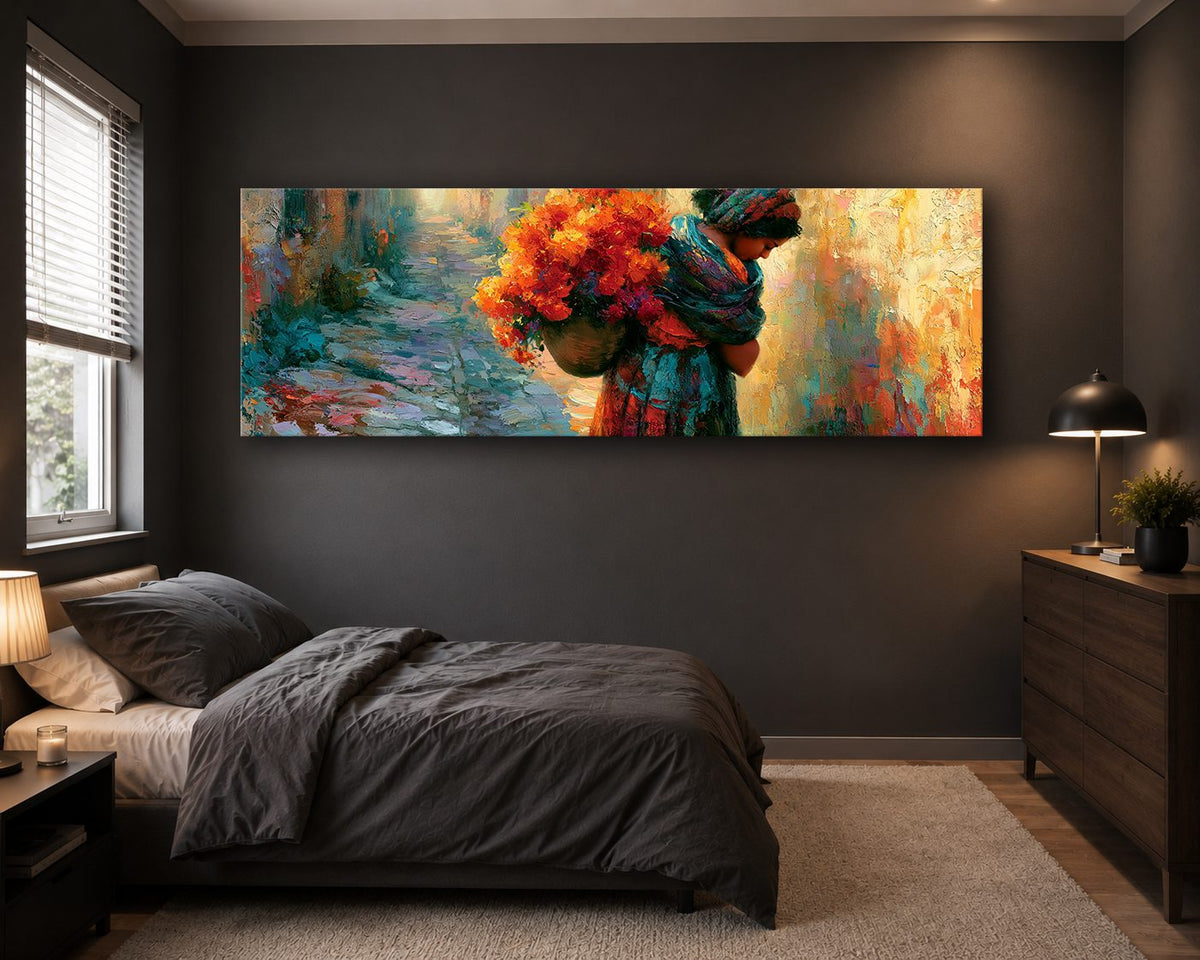 Woman Carrying Flowers Colorful canvas wall art, unframed canvas