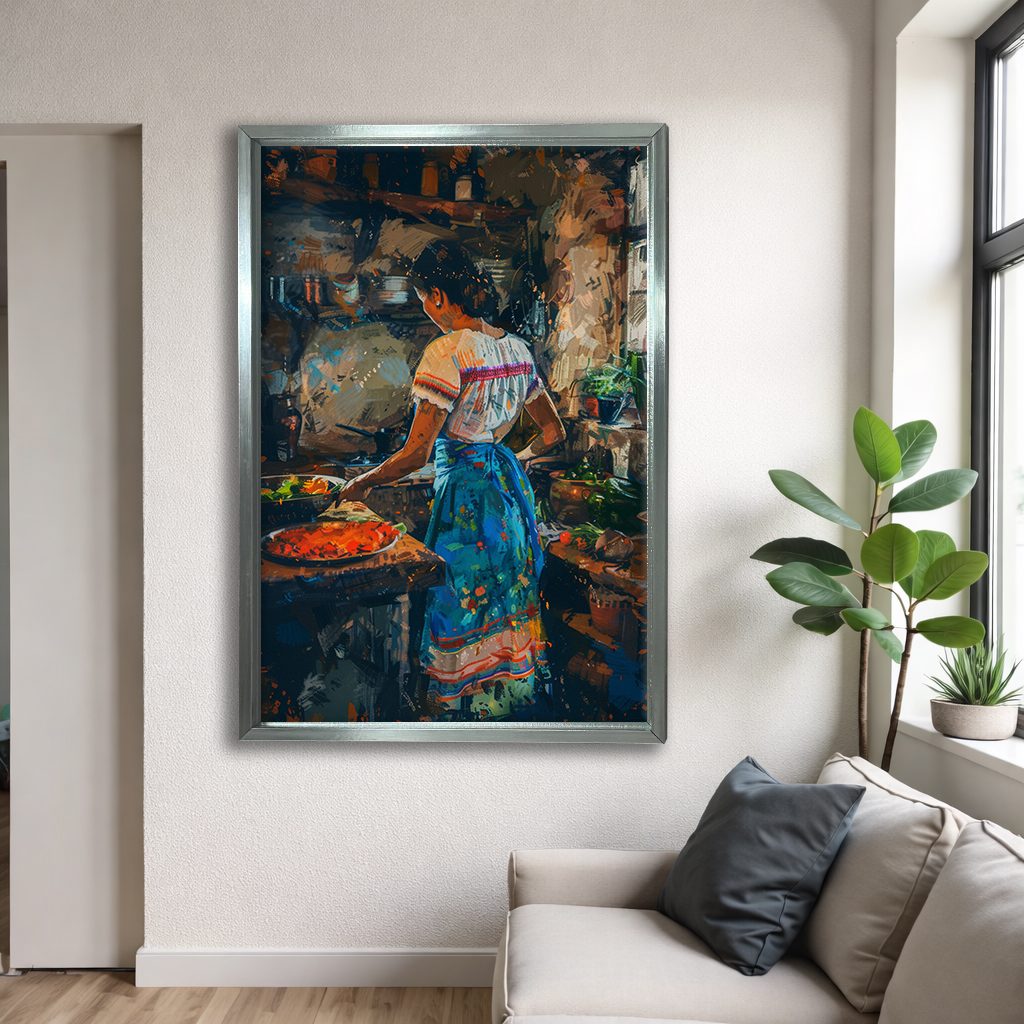 Woman Cooking in Rustic Kitchen canvas wall art, silver floating frame