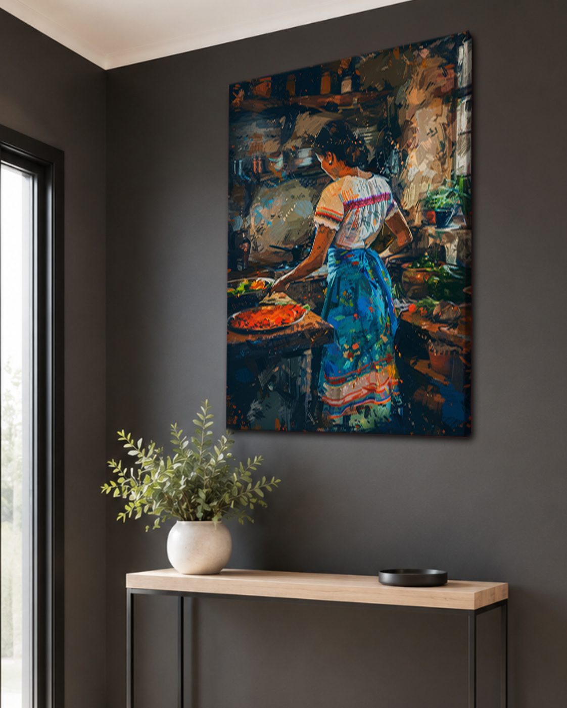 Woman Cooking in Rustic Kitchen canvas wall art, unframed canvas