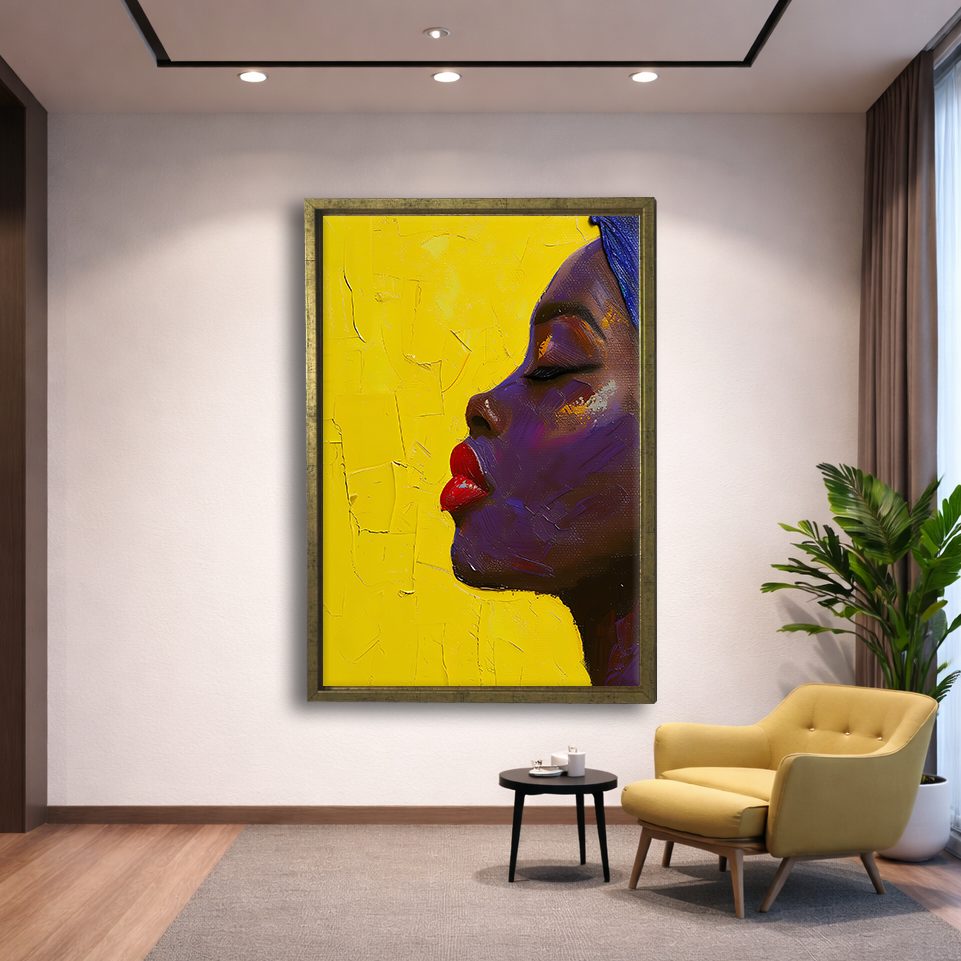 Woman Profile on Yellow canvas wall art, gold floating frame