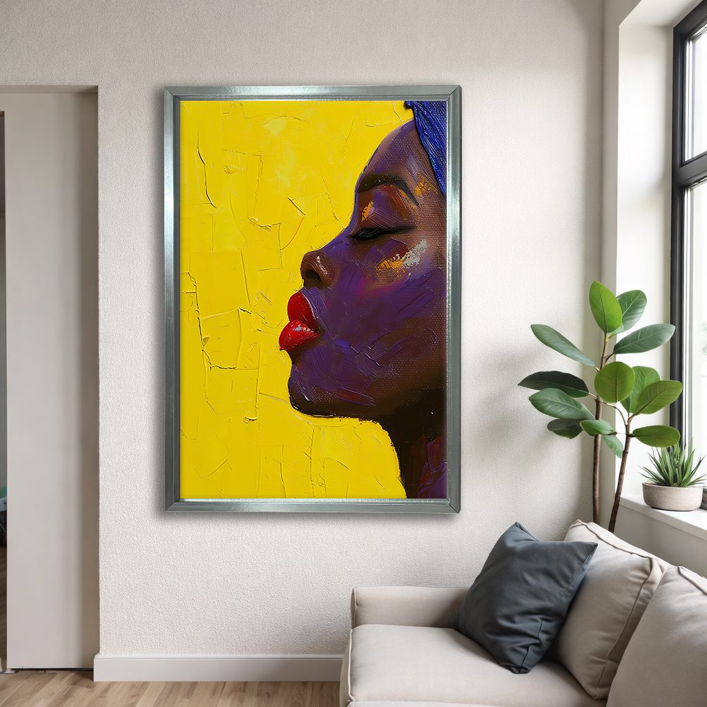 Woman Profile on Yellow canvas wall art, silver floating frame