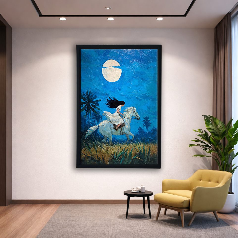 Woman Riding White Horse under Moon canvas wall art, black floating frame