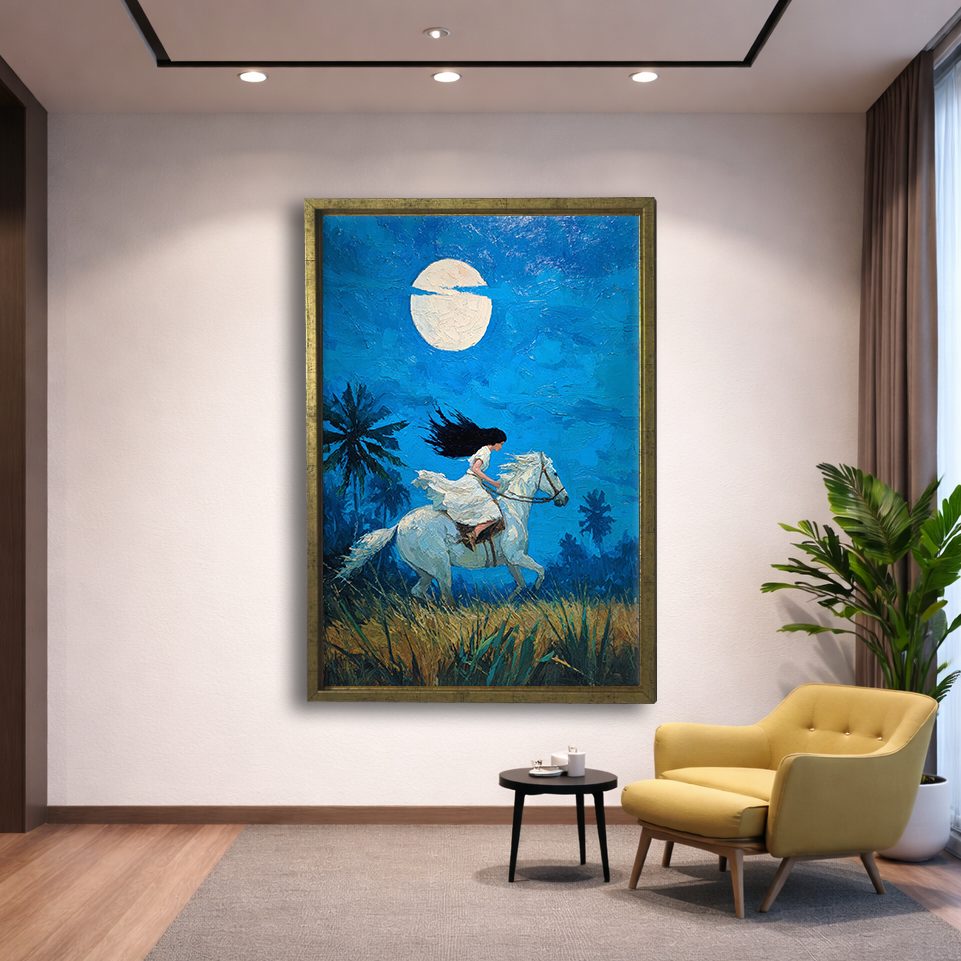 Woman Riding White Horse under Moon canvas wall art, gold floating frame