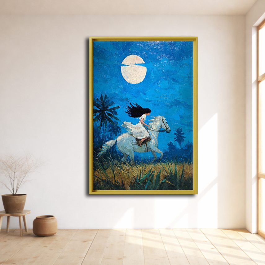 Woman Riding White Horse under Moon canvas wall art, natural wood floating frame