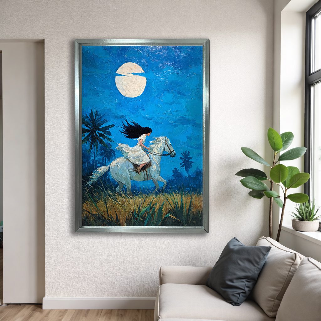 Woman Riding White Horse under Moon canvas wall art, silver floating frame