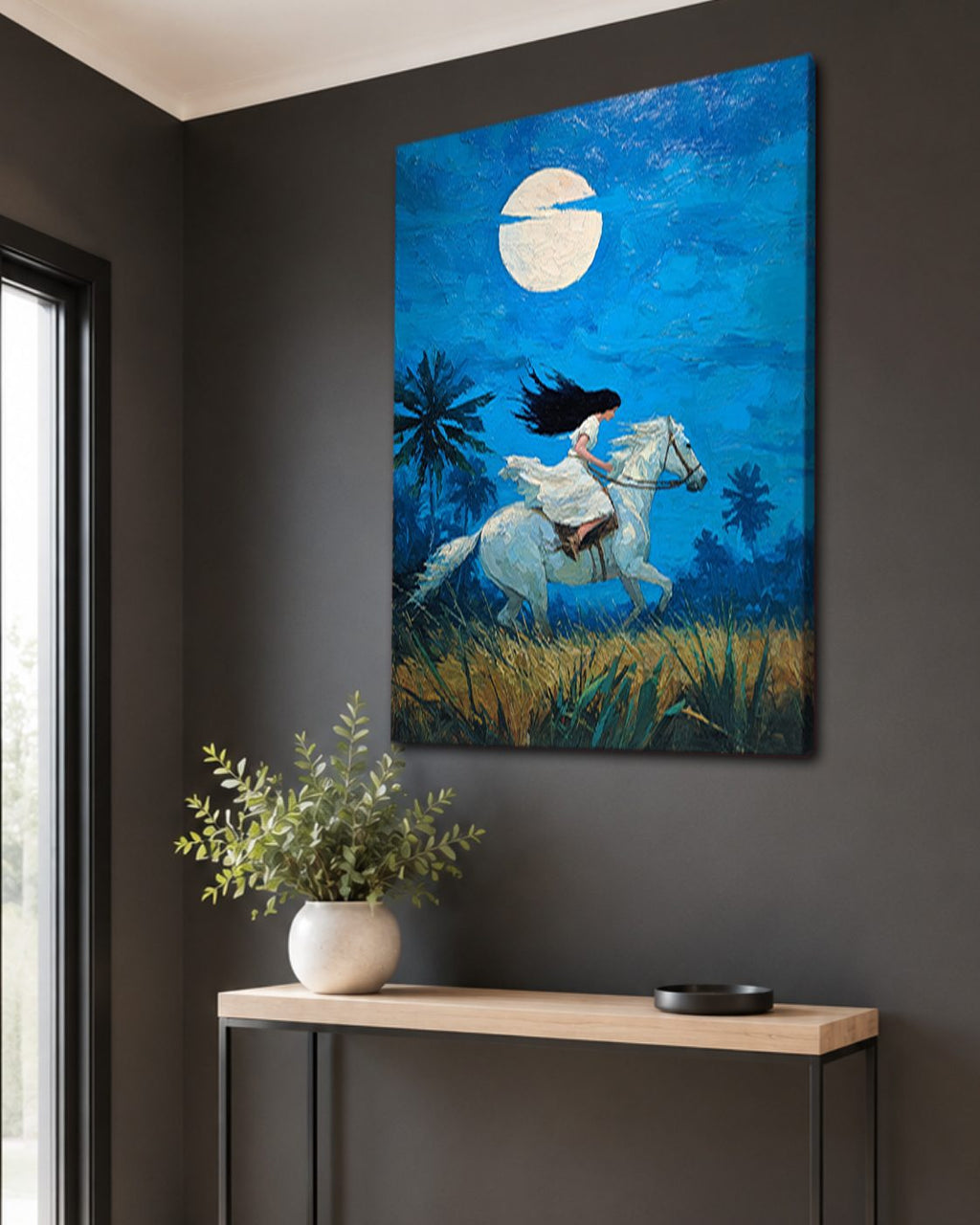 Woman Riding White Horse under Moon canvas wall art, unframed canvas