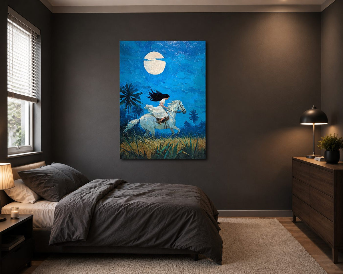 Woman Riding White Horse under Moon canvas wall art, unframed canvas