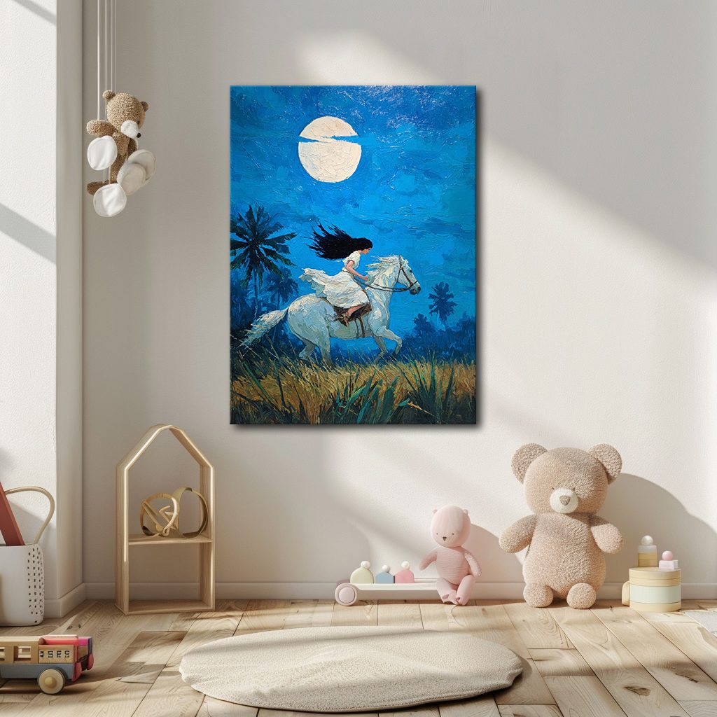 Woman Riding White Horse under Moon canvas wall art, unframed canvas
