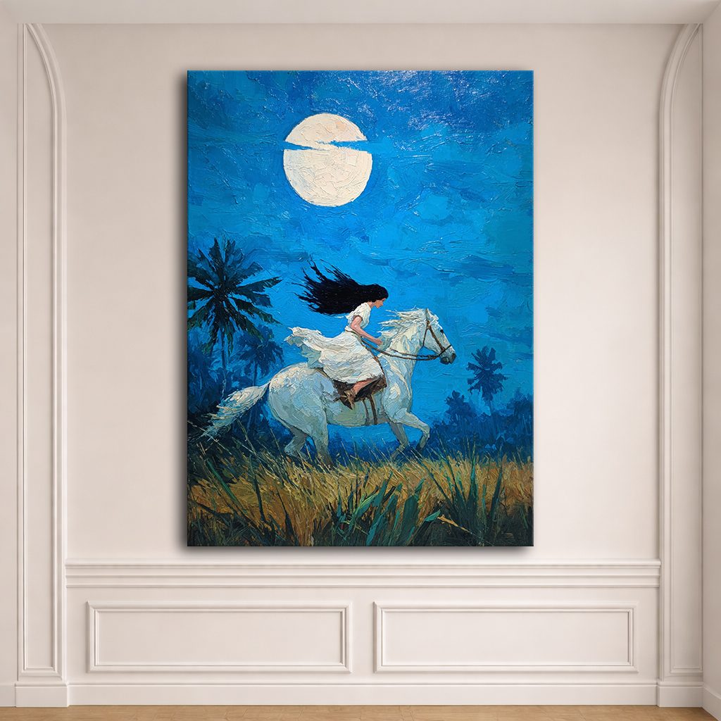 Woman Riding White Horse under Moon canvas wall art, unframed canvas