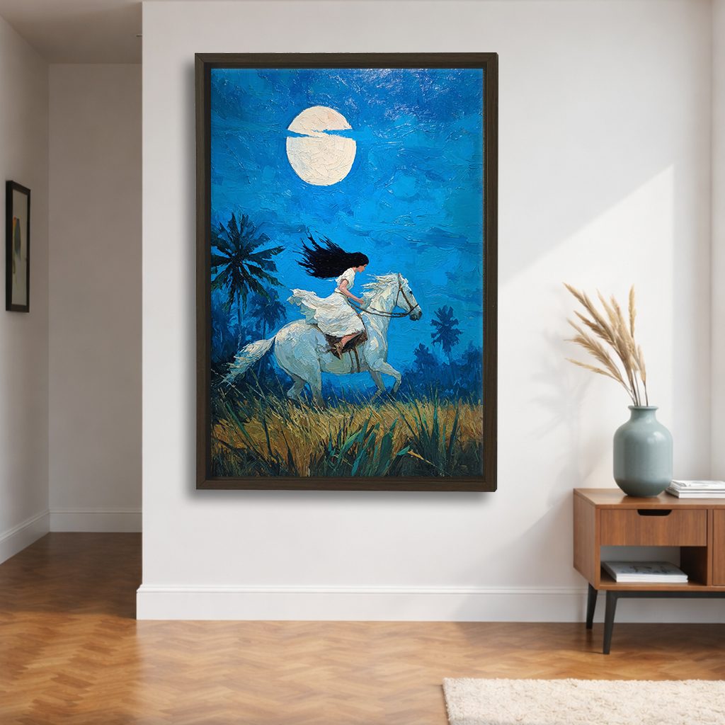 Woman Riding White Horse under Moon canvas wall art, walnut floating frame