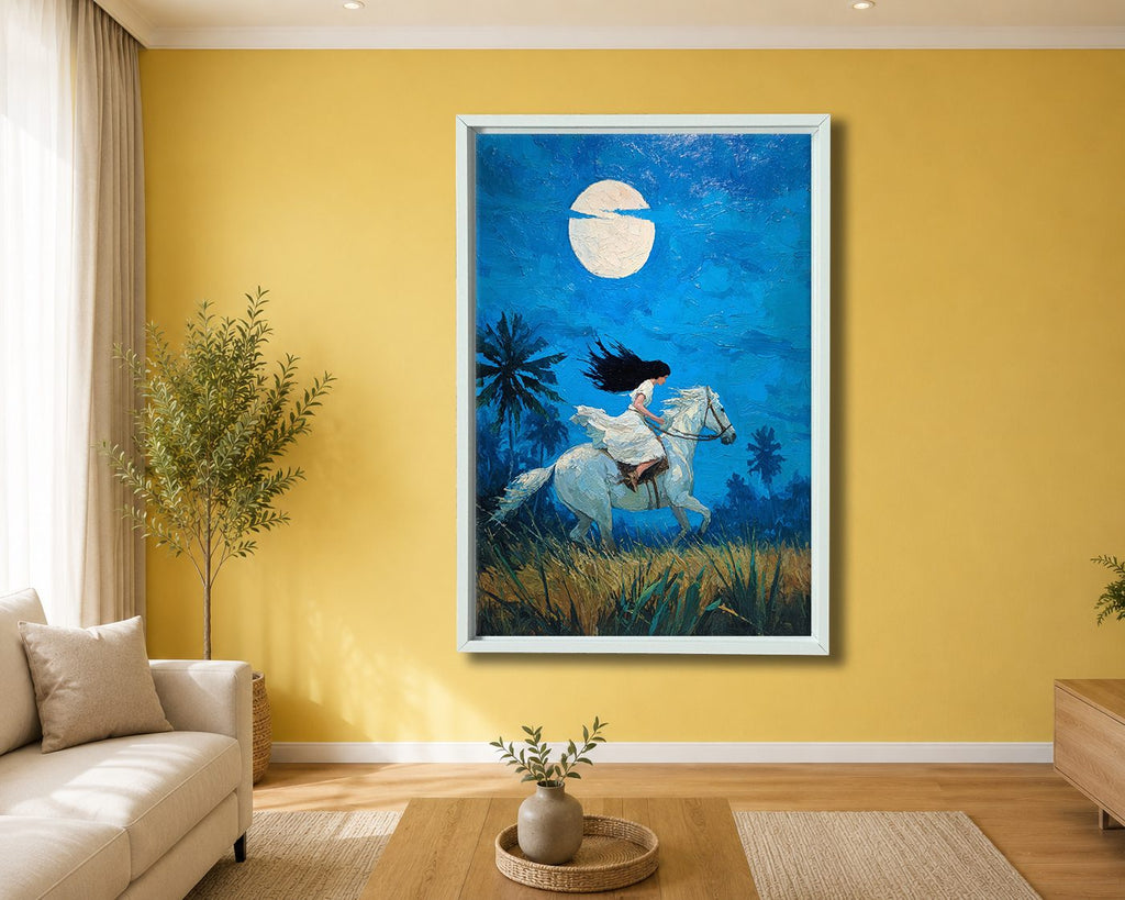 Woman Riding White Horse under Moon canvas wall art, white floating frame