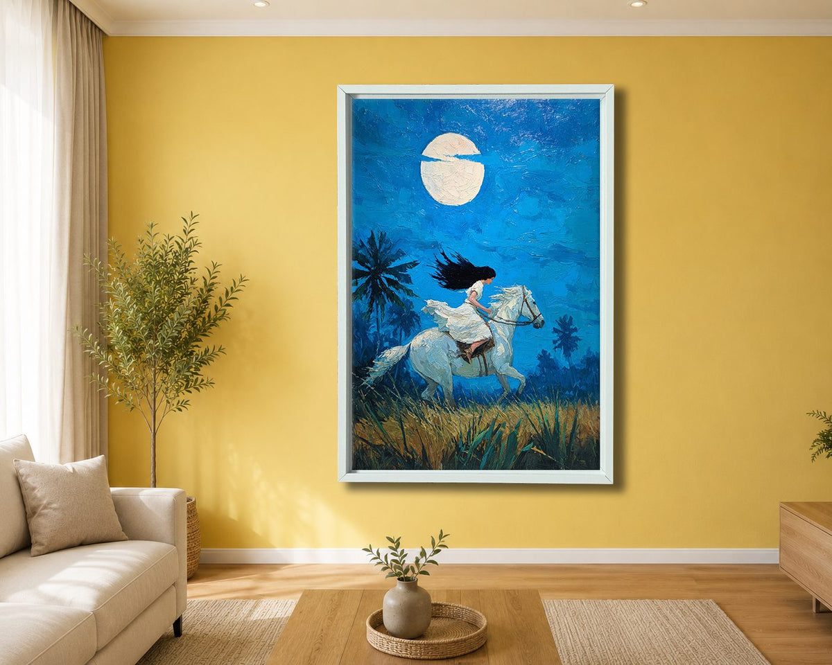 Woman Riding White Horse under Moon canvas wall art, white floating frame