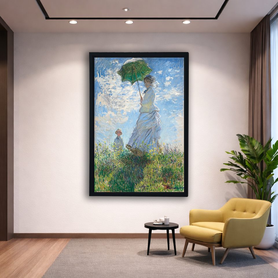 Woman with a Parasol by Claude Monet canvas wall art, black floating frame