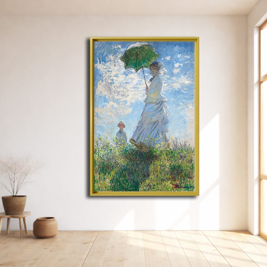 Woman with a Parasol by Claude Monet canvas wall art, natural wood floating frame