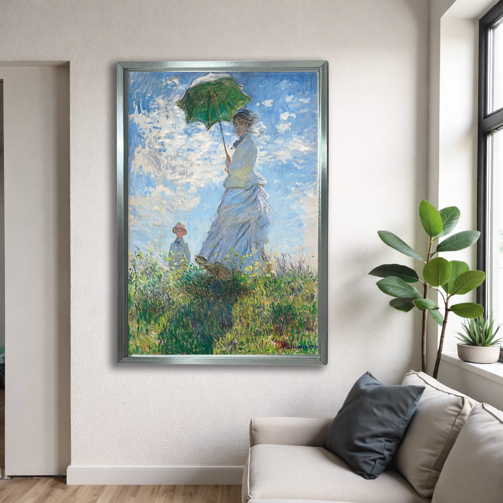 Woman with a Parasol by Claude Monet canvas wall art, silver floating frame