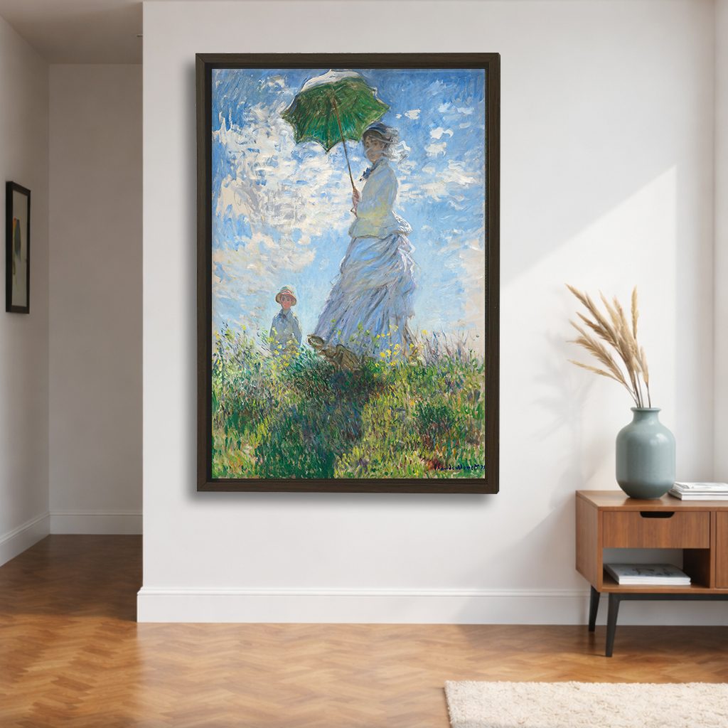 Woman with a Parasol by Claude Monet canvas wall art, walnut floating frame