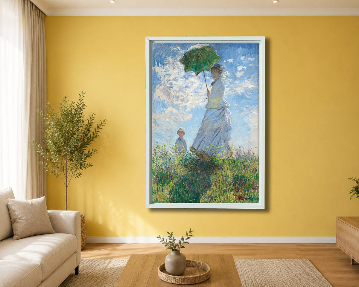 Woman with a Parasol by Claude Monet canvas wall art, white floating frame
