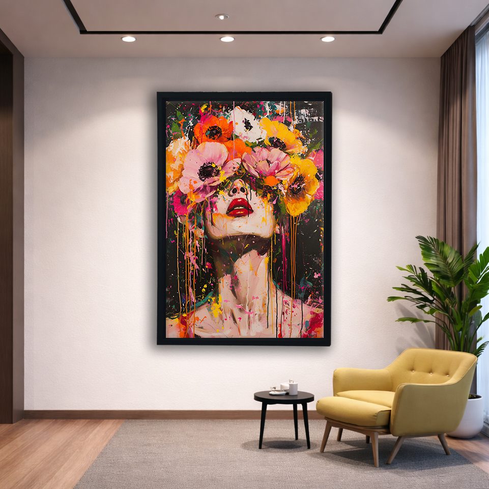 Woman with Flower Crown Pop Art canvas wall art, black floating frame