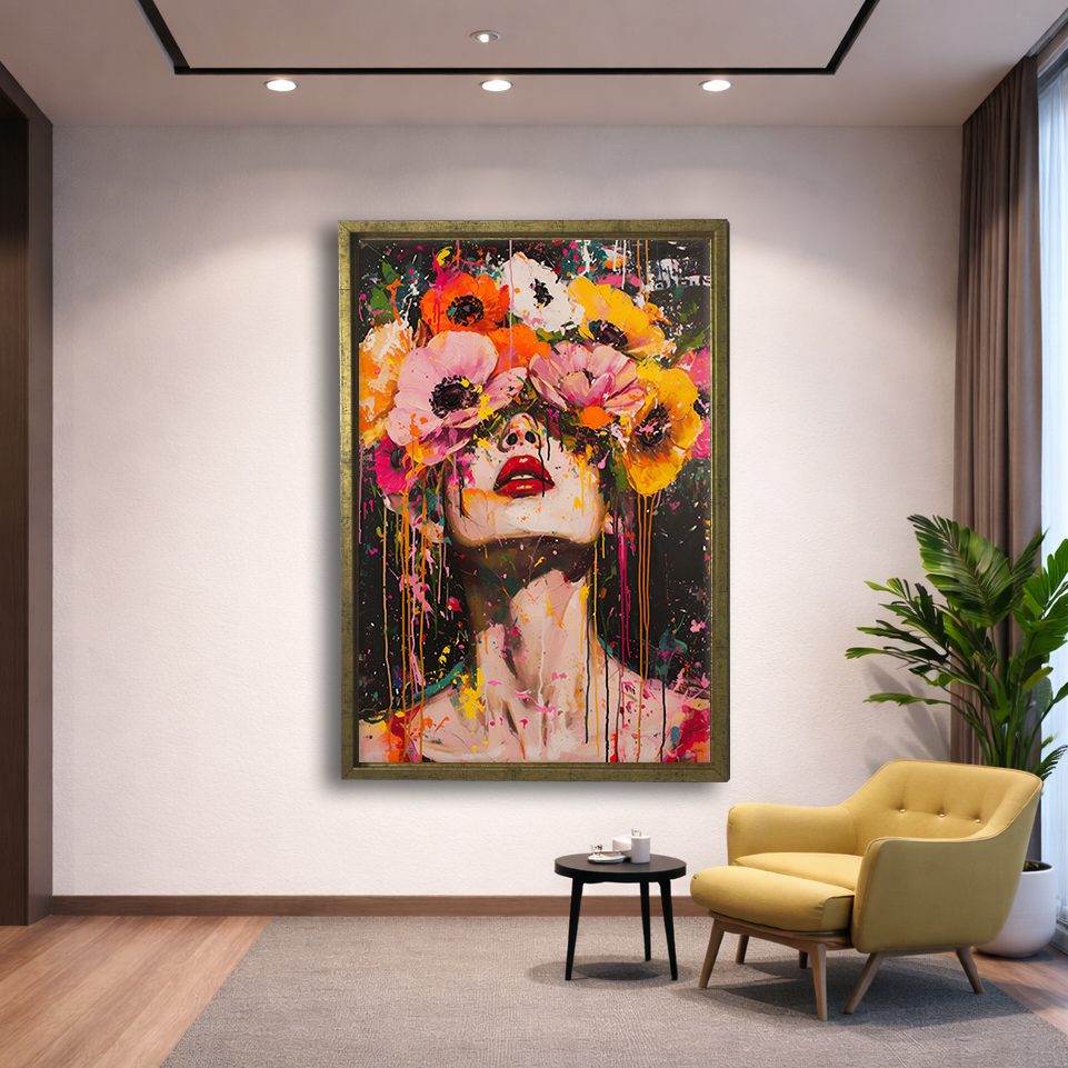 Woman with Flower Crown Pop Art canvas wall art, gold floating frame