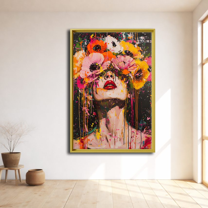 Woman with Flower Crown Pop Art canvas wall art, natural wood floating frame