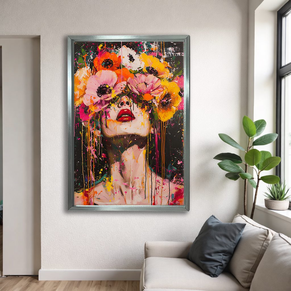 Woman with Flower Crown Pop Art canvas wall art, silver floating frame