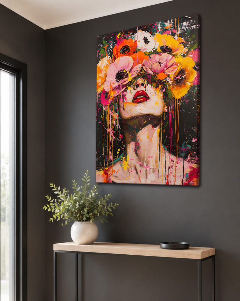 Woman with Flower Crown Pop Art canvas wall art, unframed canvas
