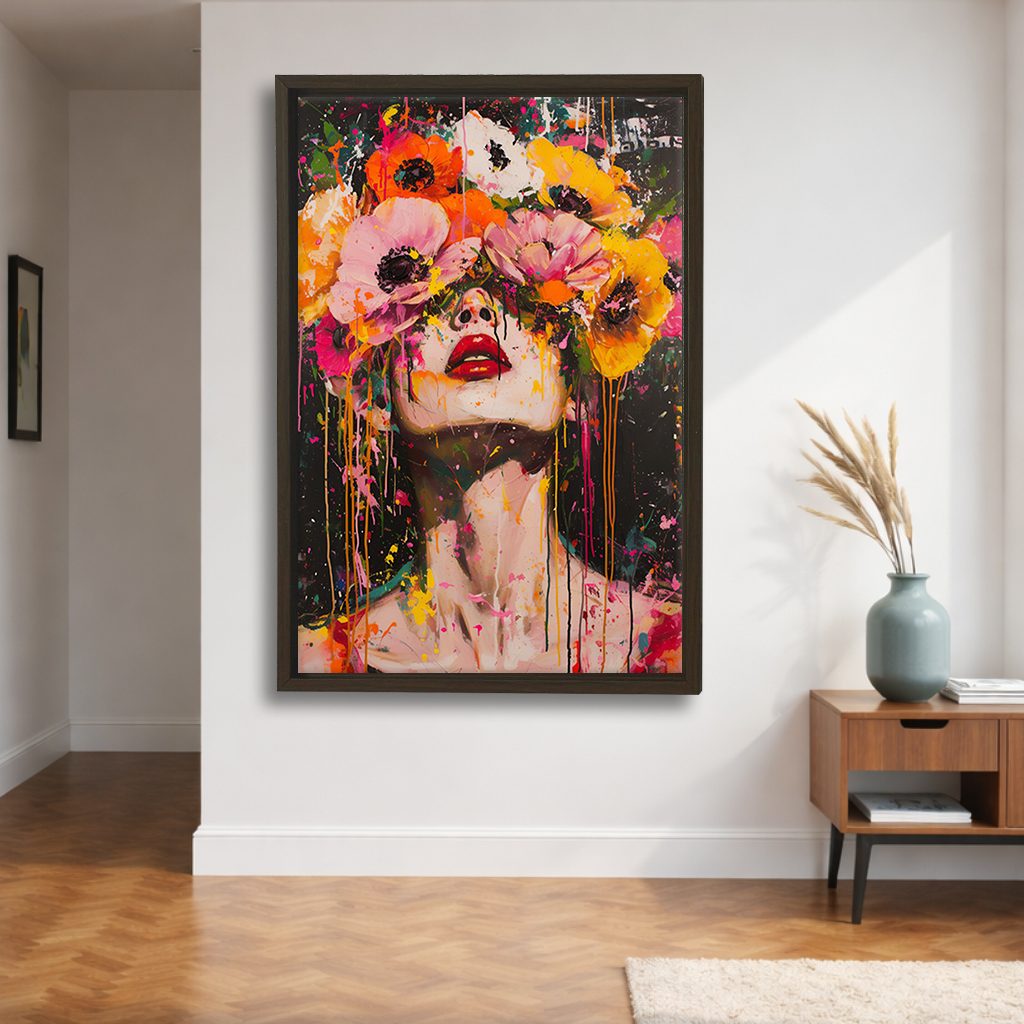 Woman with Flower Crown Pop Art canvas wall art, walnut floating frame