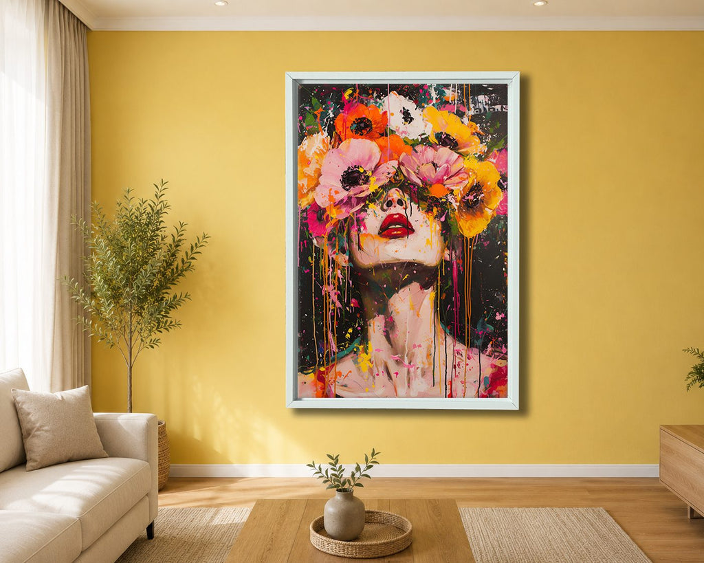 Woman with Flower Crown Pop Art canvas wall art, white floating frame