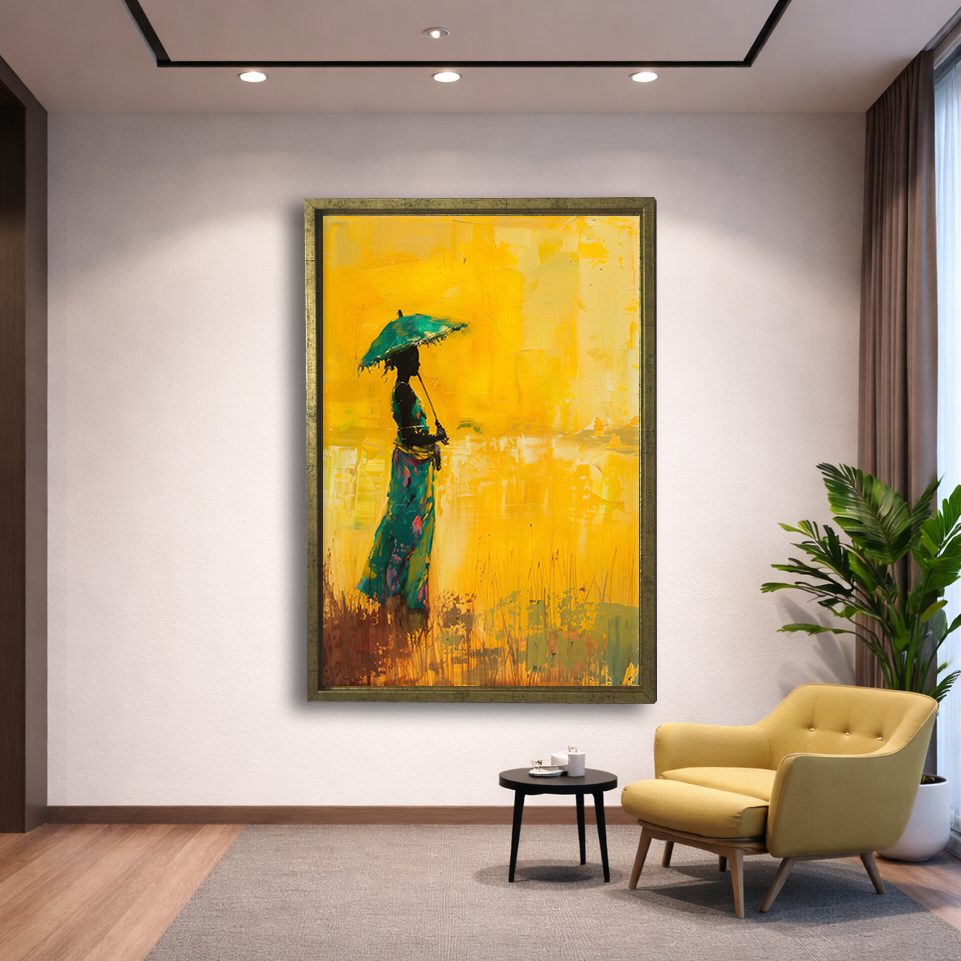 Woman with Umbrella on Yellow canvas wall art, gold floating frame